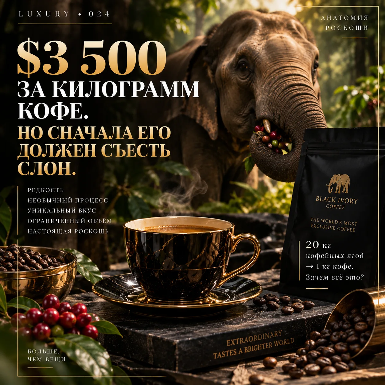 LUXURY 024 — КОФЕ, КОТОРЫЙ СНАЧАЛА ЕСТ СЛОН ☕️🐘$3 500 за килограмм кофе.