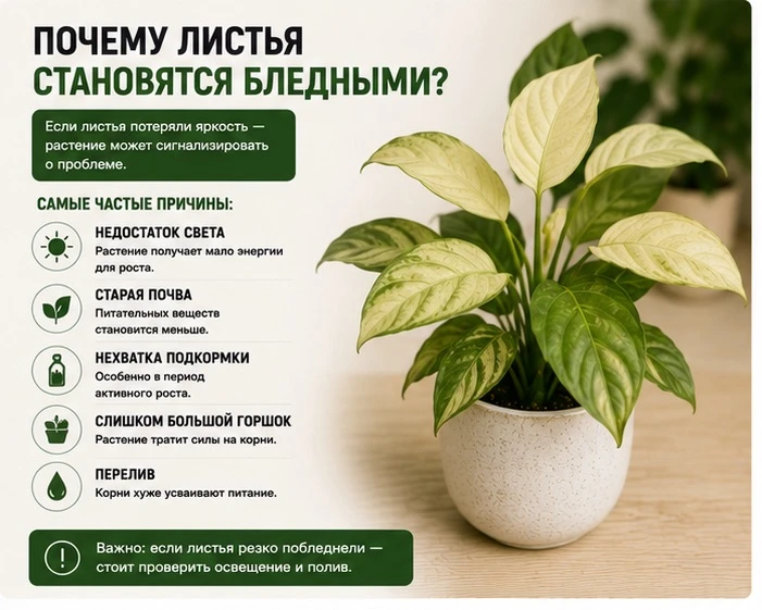 Почему листья становятся бледными

Если листья потеряли яркость — растение может сигнализировать о п