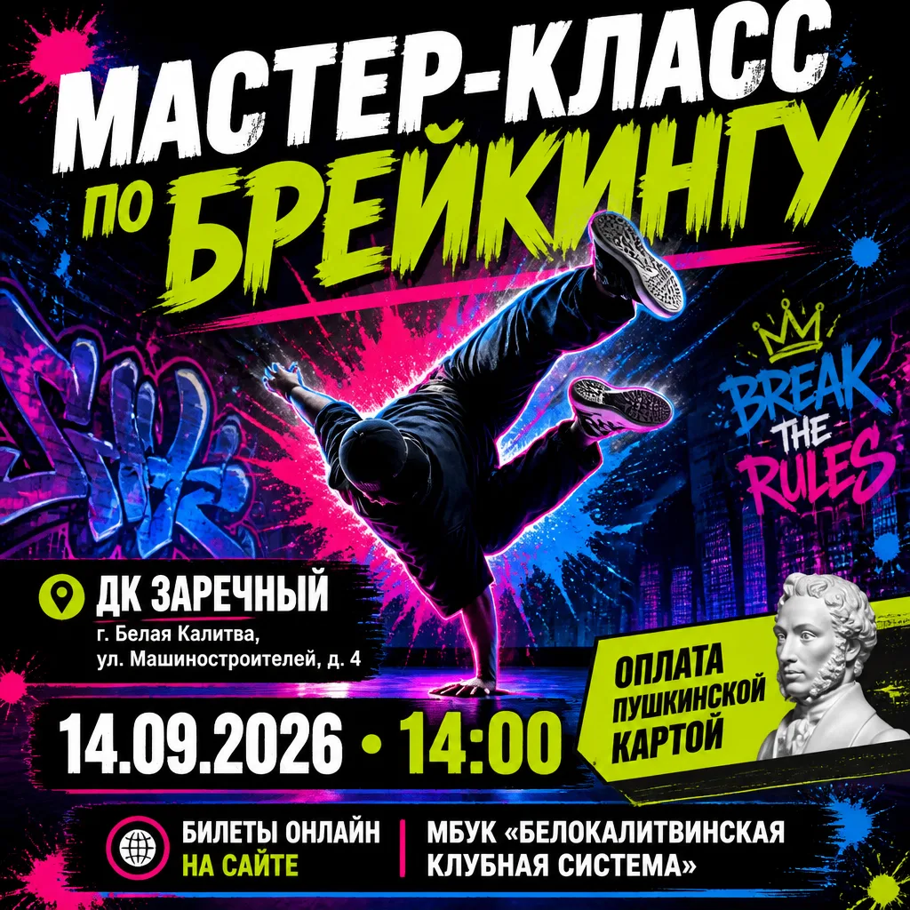 Приглашаем на Мастер-класс по брейкингу, который состоится в ДК Заречный по адресу г. Б...