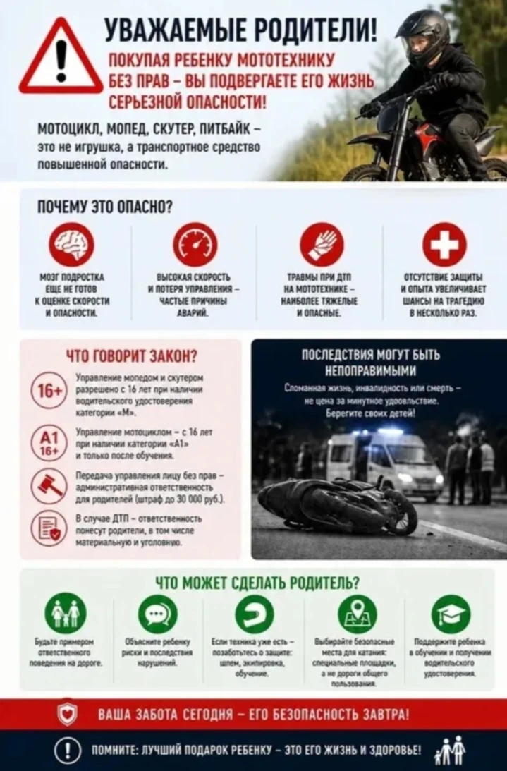 Уважаемые родители, напоминаем вам о недопустимости несовершеннолетних к управлению мот...