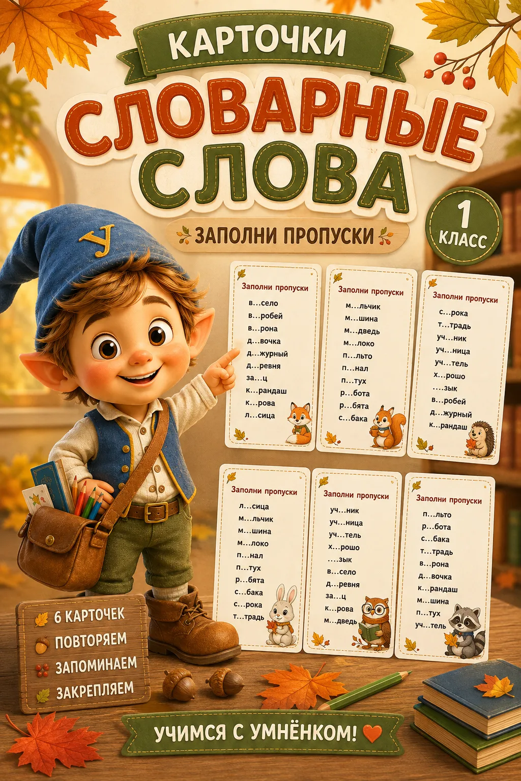🍂 Осенние карточки «Заполни пропуски» - Словарные слова 1 класс🍁
