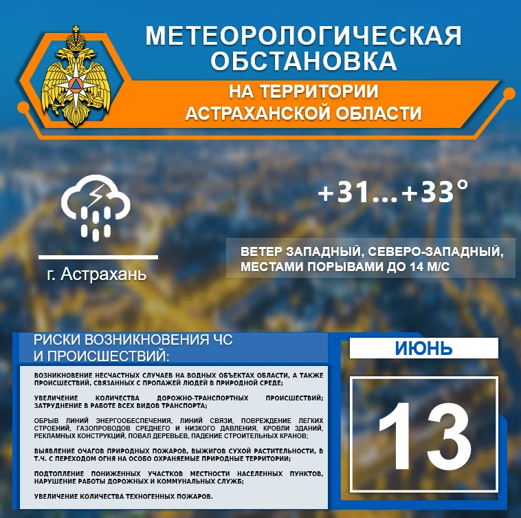 🌎 Метеорологическая обстановка на 13 июня
 
На территории Астраханской области переменная облачност