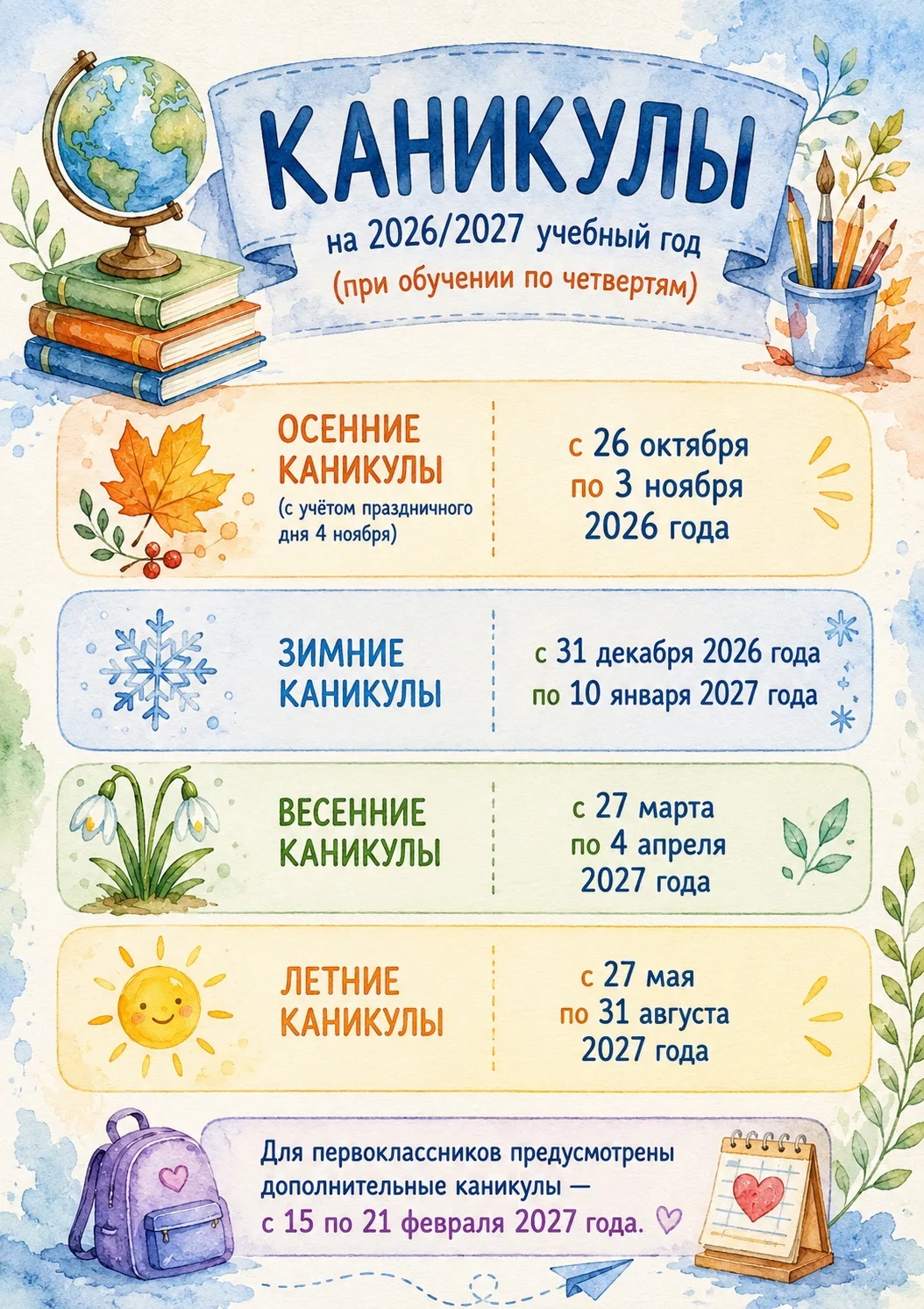 График каникул на 2026/2027 учебный год