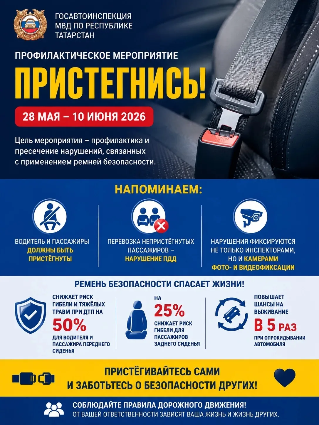 🚔 В Татарстане проходит профилактическое мероприятие «Пристегнись!»

С 28 мая по 10 июня 2026 года 