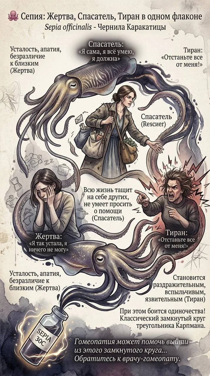 🐙 Сепия: Жертва, Спасатель, Тиран в одном флаконе

Вы замечали, что в любой семье, коллективе, даже