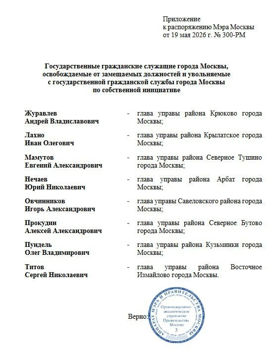 Уволены 8 глав управ районов Москвы в 8 административных округах