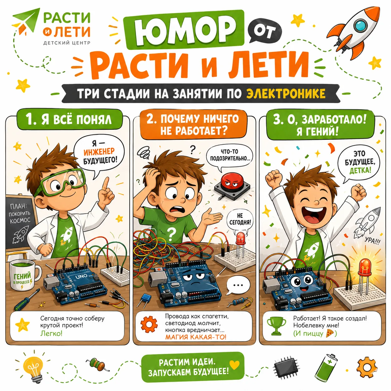 На занятиях по электронике есть три стадии: