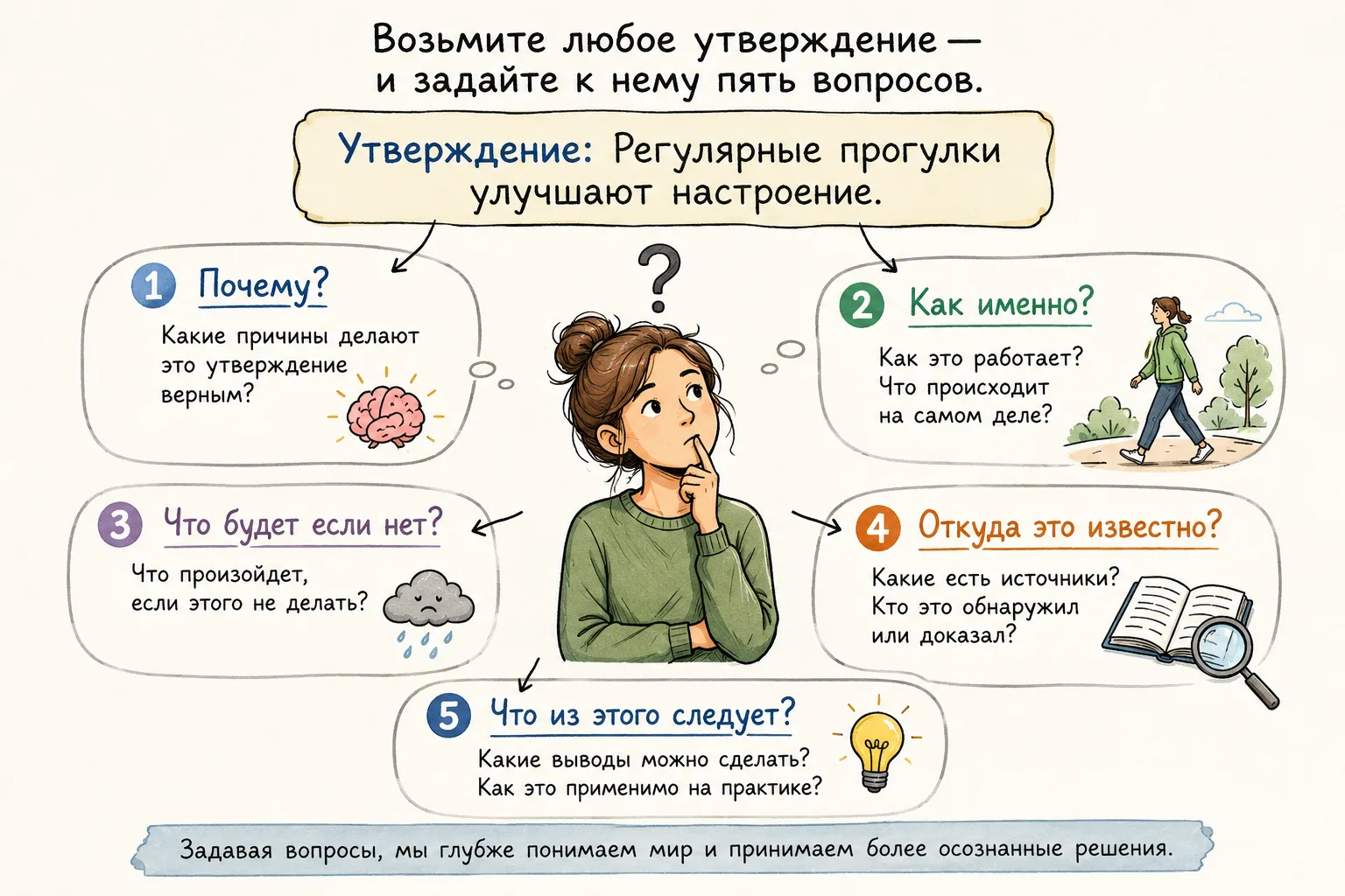 Упражнение дня  «Пять вопросов»

Что развивает: Критическое мышление, углублённое понимание любой те