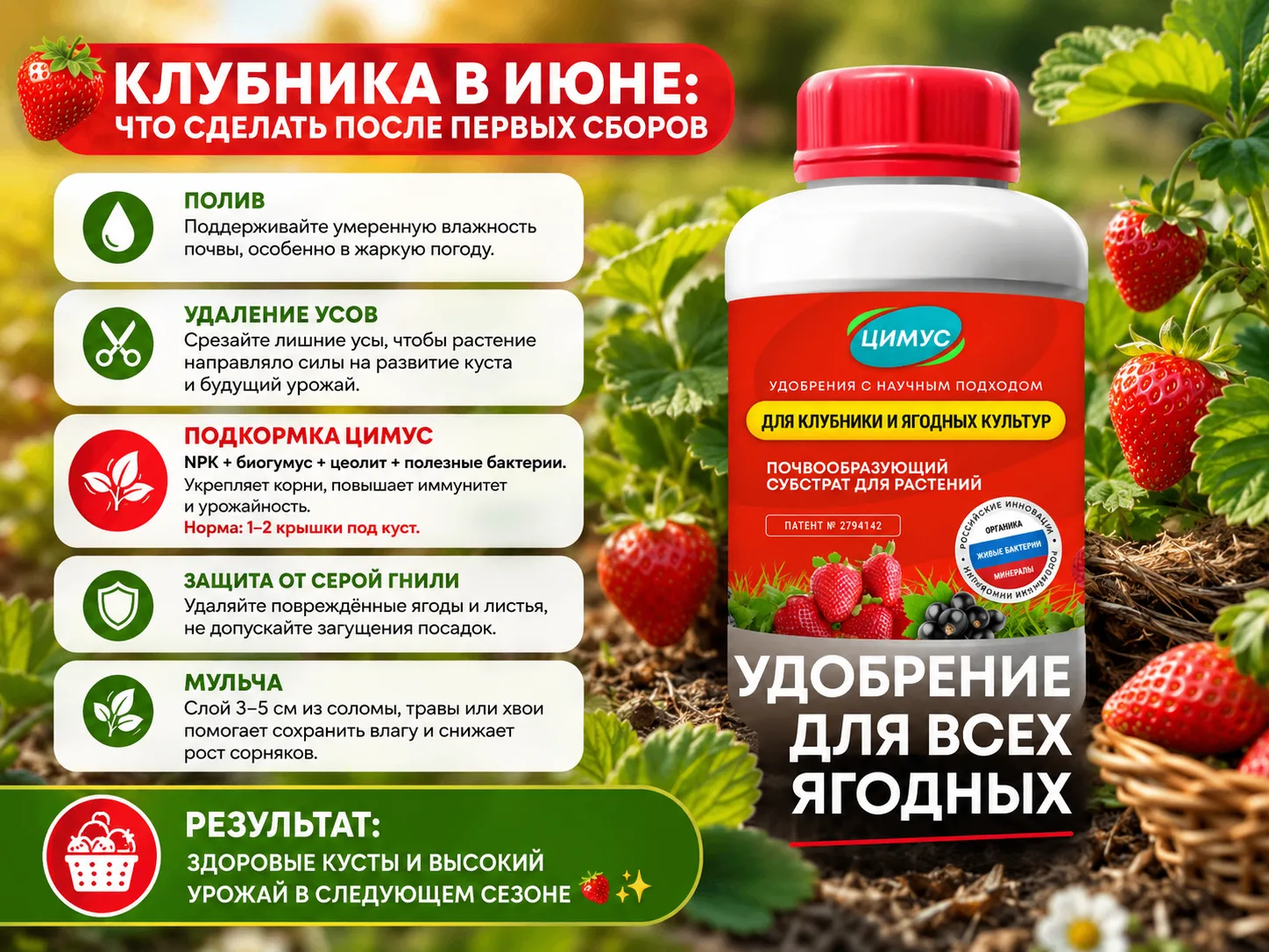 🍓 Первые ягоды уже собраны? Самое время помочь клубнике восстановиться и заложить урожай следующего