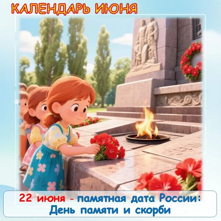 Календарь июня 🌞 
22 июня – памятная дата России: День памяти и скорби. 
День, когда в 1941 году на