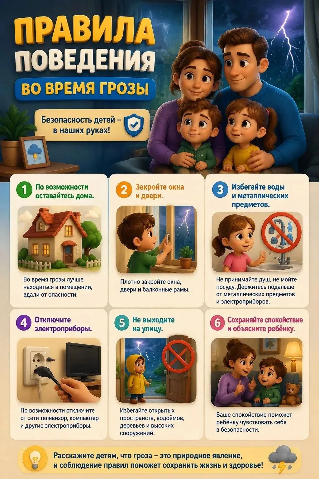 ⚡️ Гроза: красиво, но опасно! ⚡️
Наступила пора тёплых дождей, радуг… и гроз! 🌩️⚡  
Знаете ли вы, к
