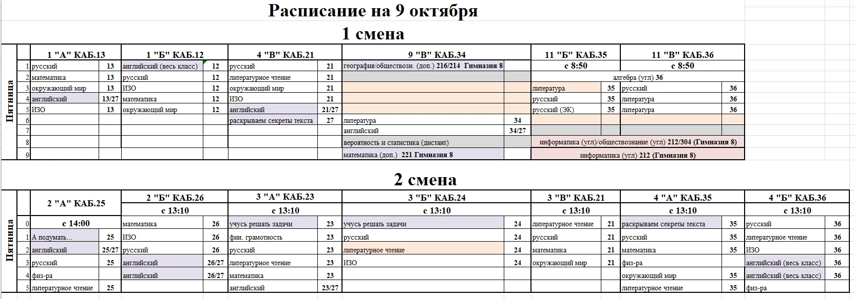 Расписание на пятницу (9 октября)