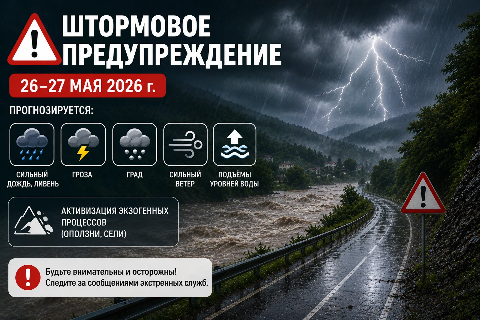 ⚠️🌧 Штормовое предупреждение 26–27 мая в Краснодарском крае прогнозируются:  – сильный дождь, ливень