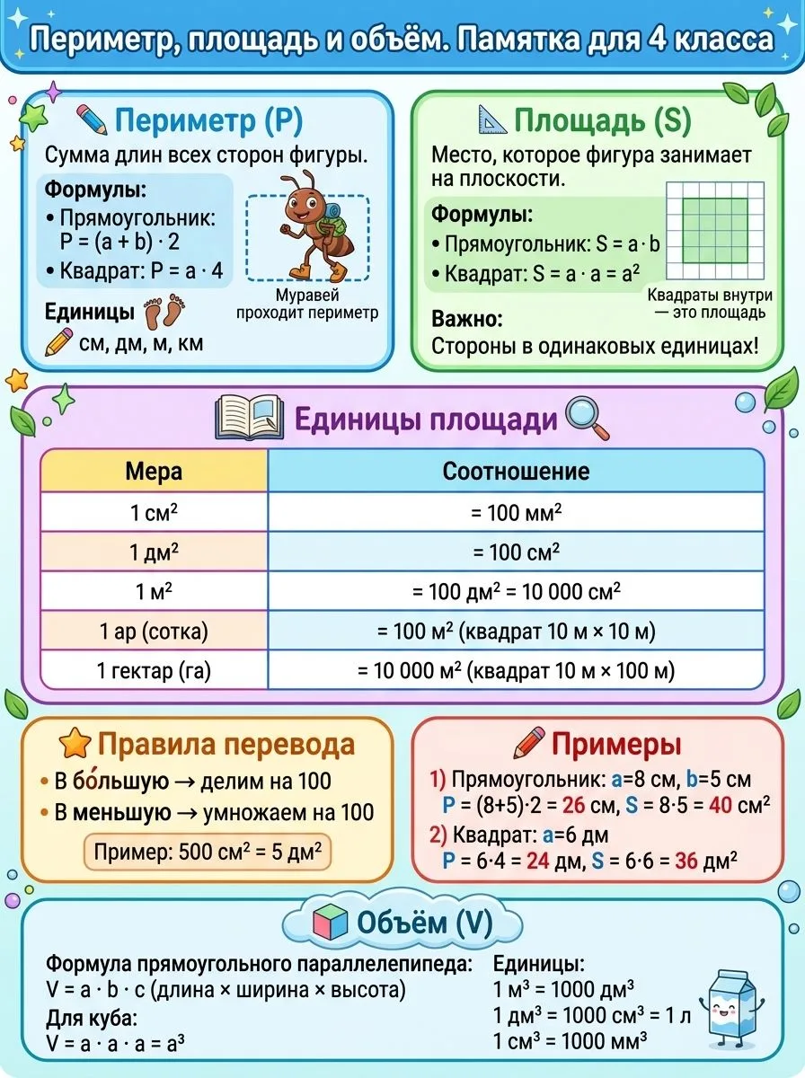Подготовила формулы для геометрических задач на площадь, периметр и объем для 4-5 класс...