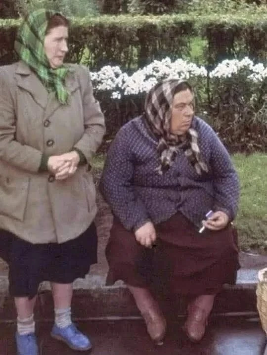 На фотографии 1959 года запечатлены две женщины из колхоза, которые ждут автобус после ...