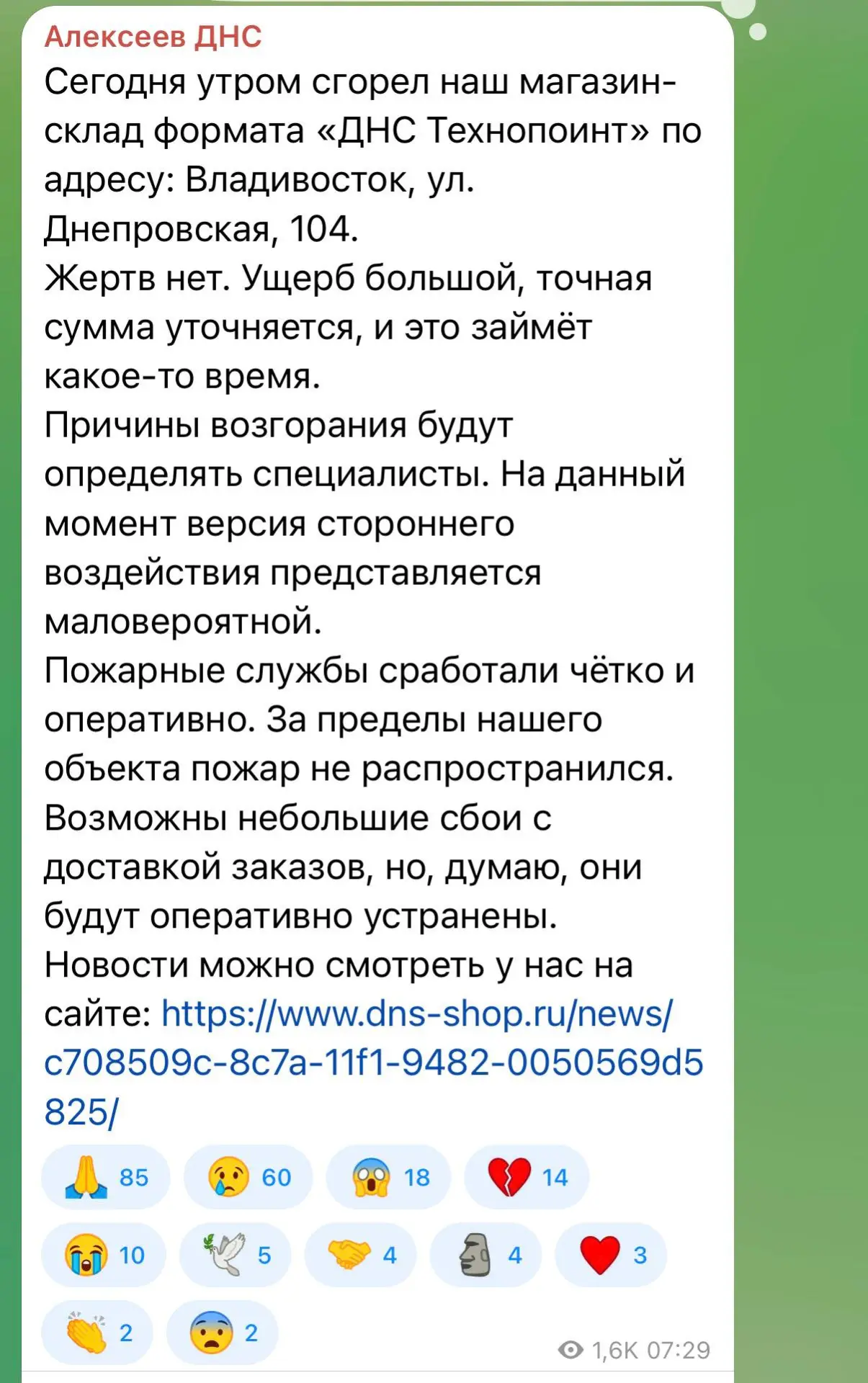 Также сгорел склад DNS во Владивостоке. 

По мнению владельца компании, версия «стороннего воздейств