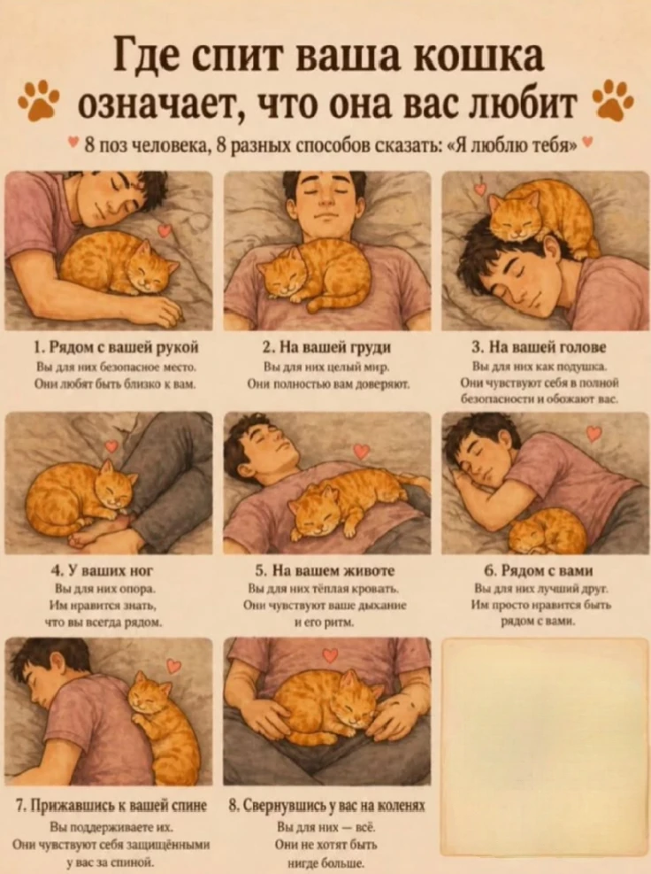 Где спит ваша кошка 🐱 и что это значит? 🤔