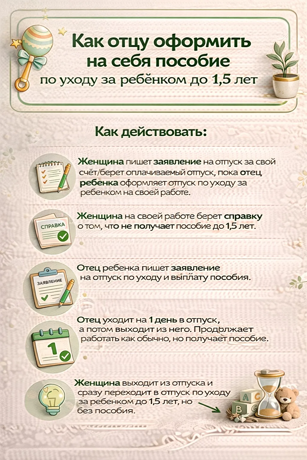 Как получать больший размер пособия в отпуске по уходу за ребенком?🪙  Оформить его на отца ребенка/б