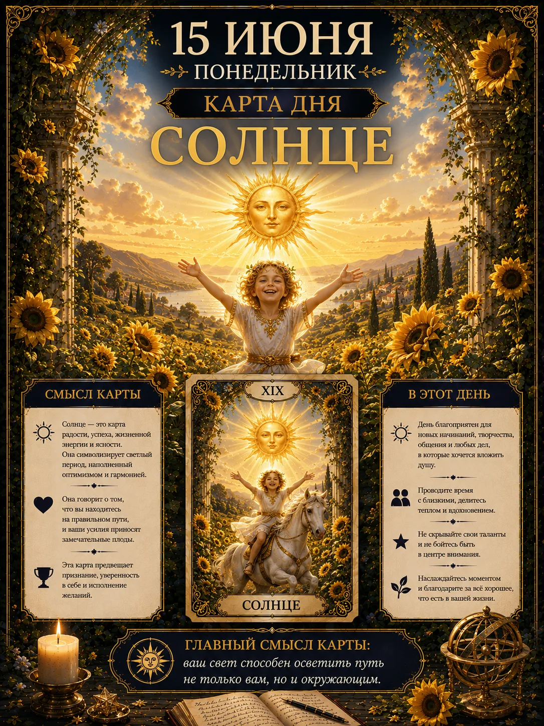 📅 15 июня, понедельник — ☀️ Солнце

🔮 Смысл карты

Солнце — карта радости, жизненной энергии, успе