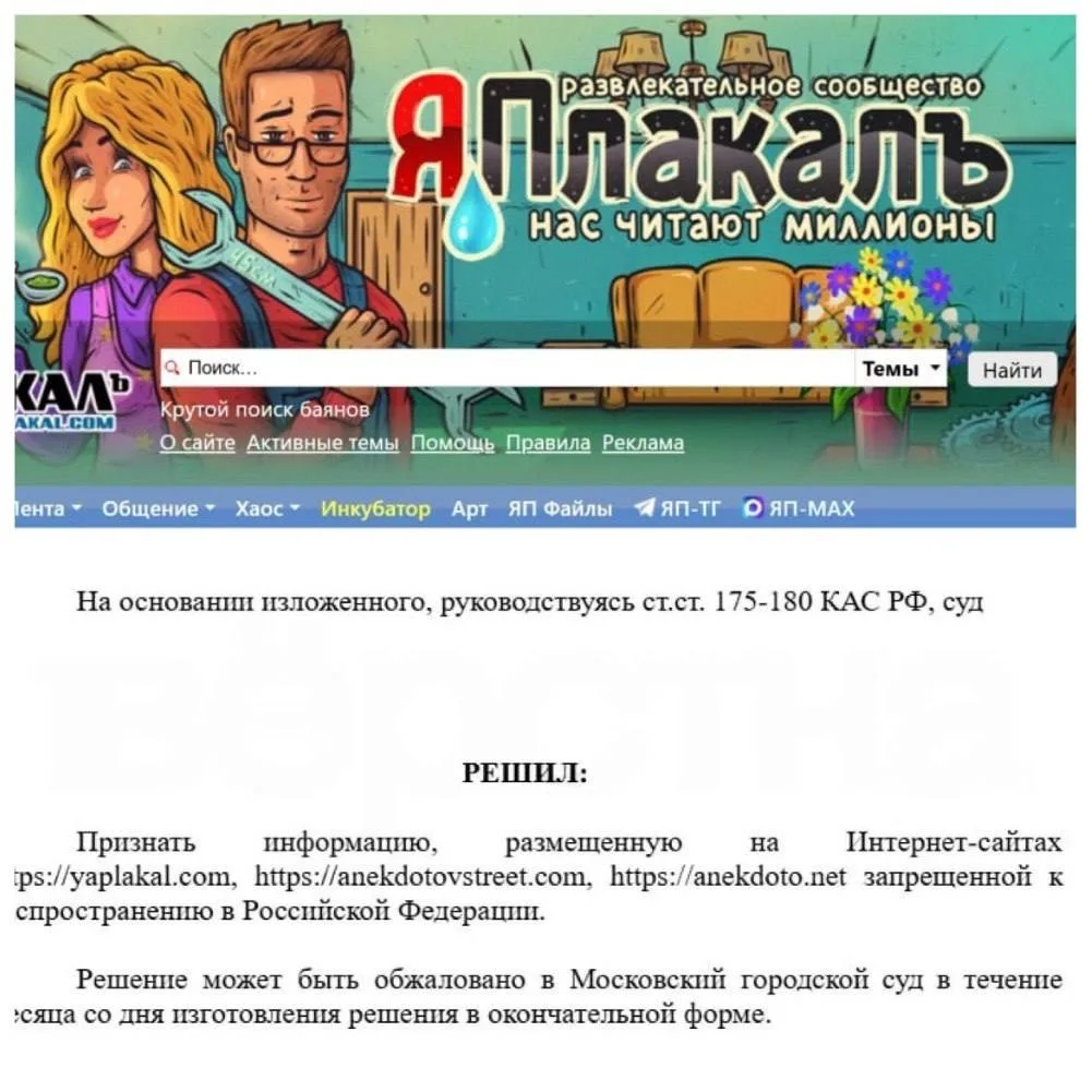 В России запретили один из старейших развлекательных порталов «ЯПлакалъ» из-за обидных анекдотов, пи