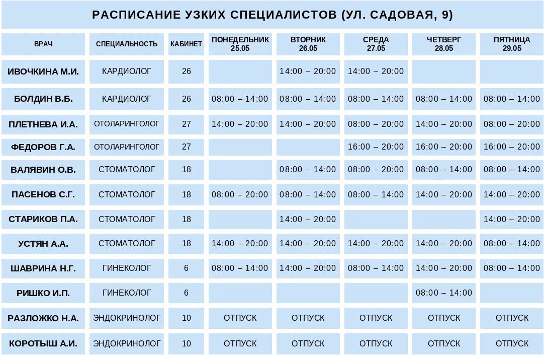 График работы врачей с 25 по 29 мая