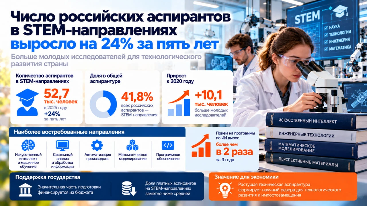 За пять лет количество российских аспирантов, обучающихся по естественно-научным и инже...