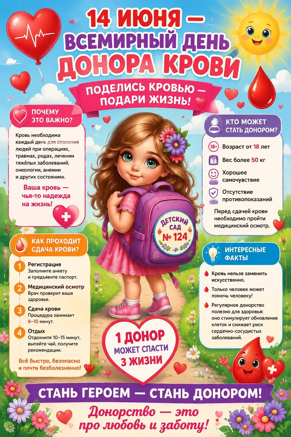 14 июня – Всемирный день донора крови🩸 

Дата посвящена людям, которые добровольно сдают кровь и те