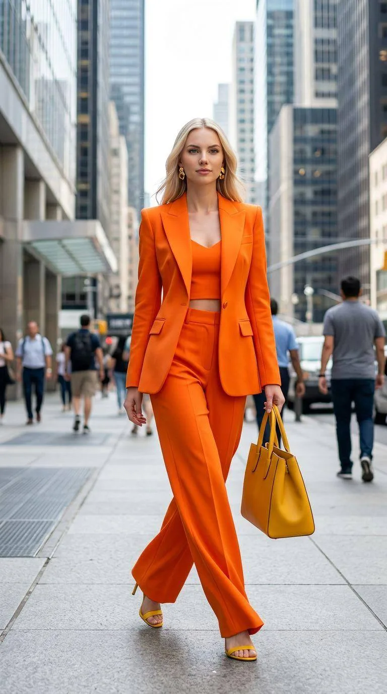 Оранжевый флекс 🧡  Ultra-realistic high-fashion editorial street photography set in a bustling urban