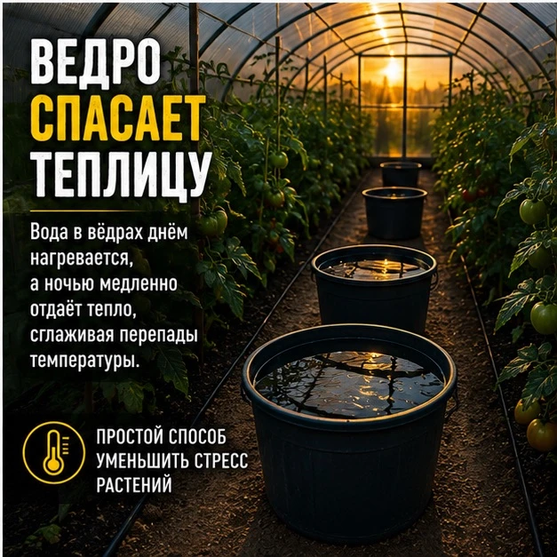 Ведро с водой в теплице