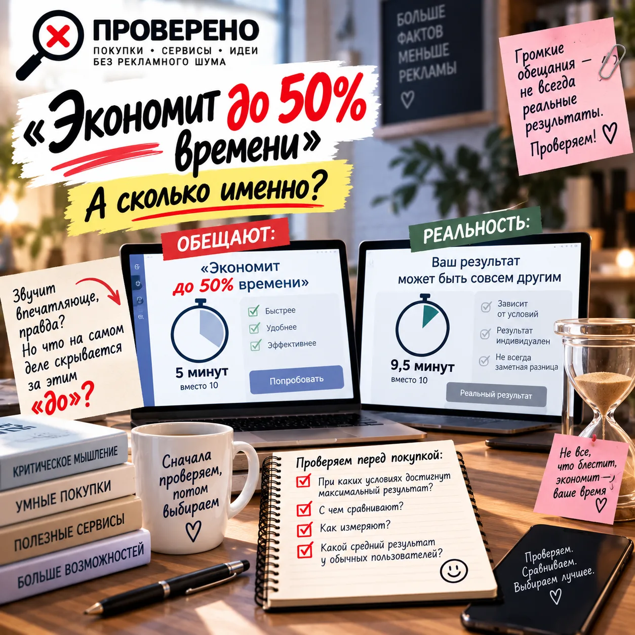 🚫 «Экономит до 50% времени» — а сколько именно?
