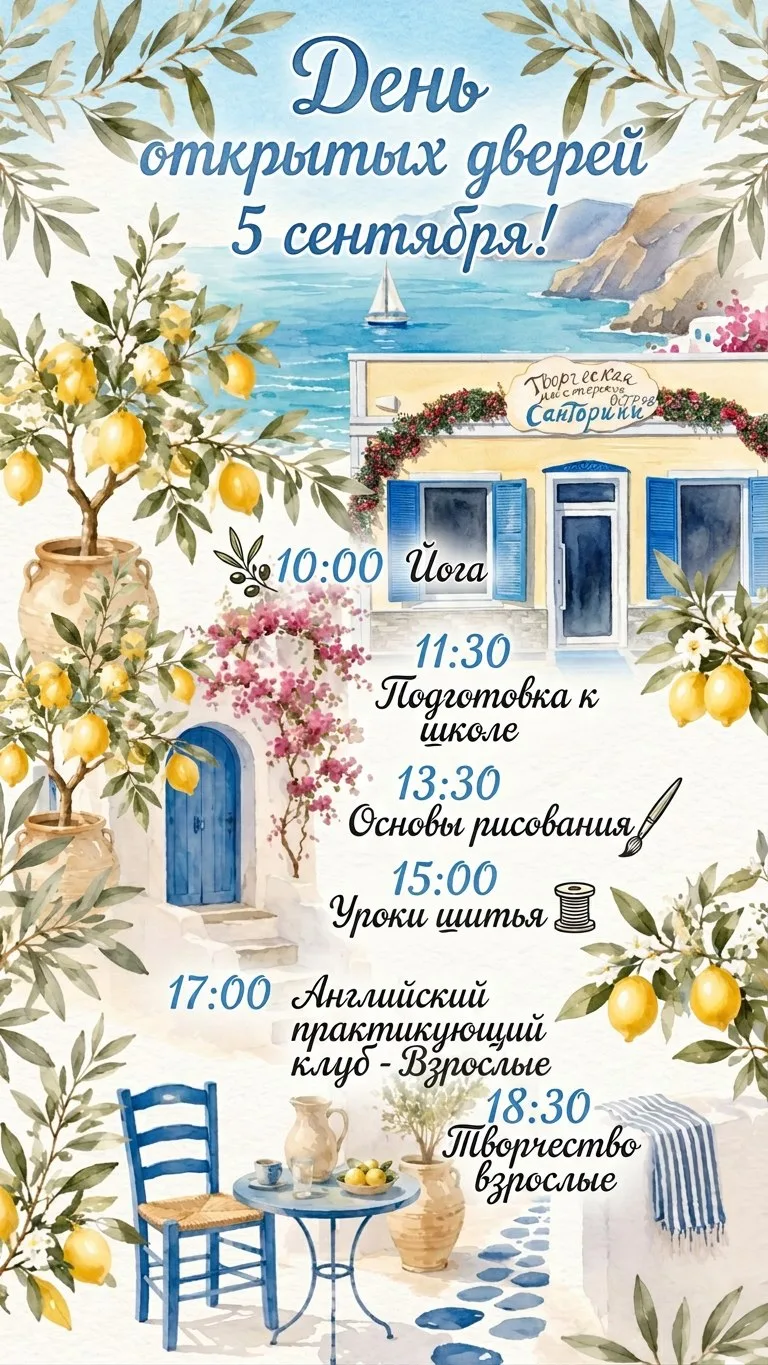 🌿 ДЕНЬ ОТКРЫТЫХ ДВЕРЕЙ на «Острове Санторини»! 5 СЕНТЯБРЯ 🍋✨