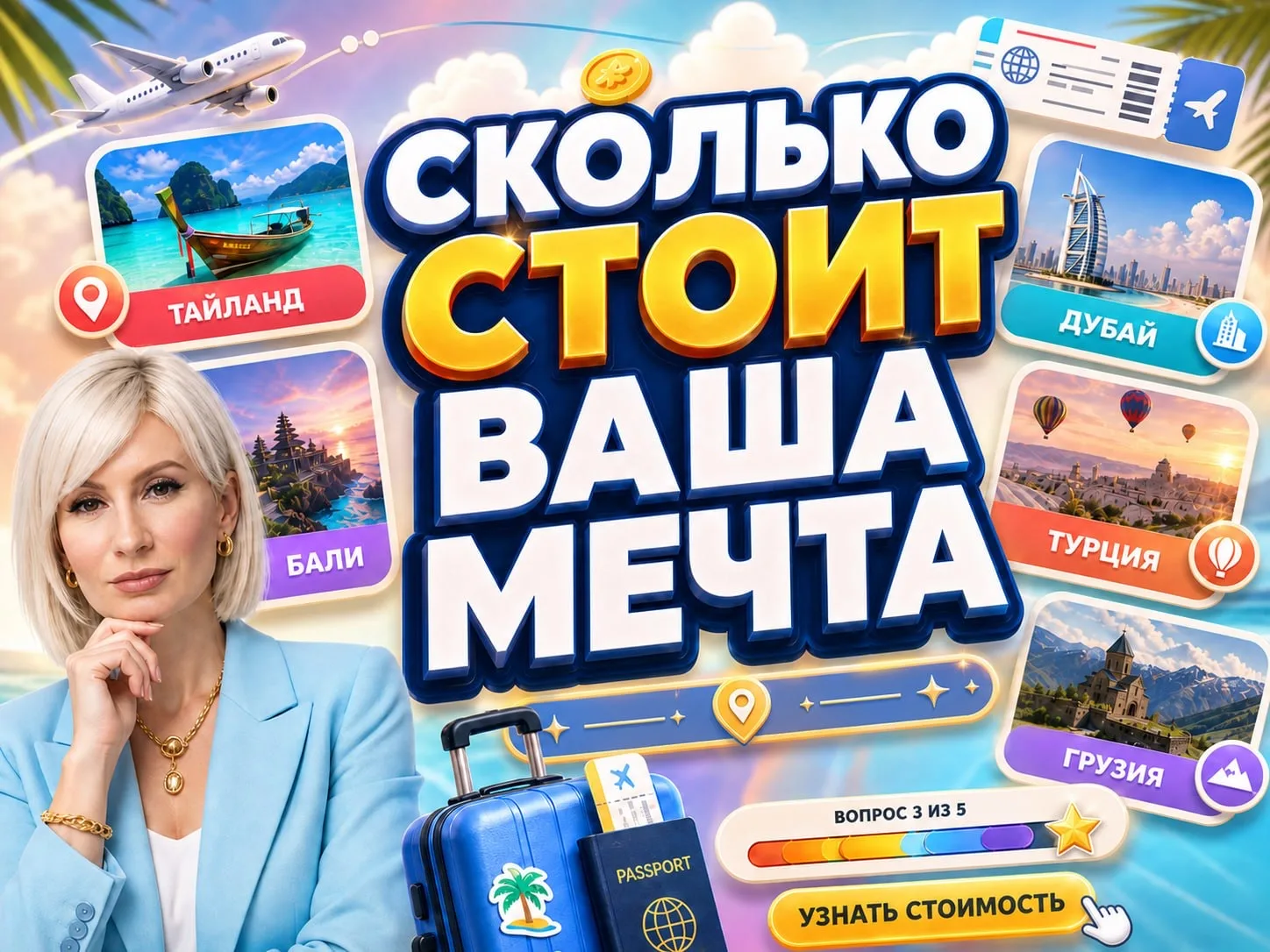 Сколько стоит ваша мечта?  Собрала игру, в которой вы планируете поездку мечты, а потом смотрите, ка