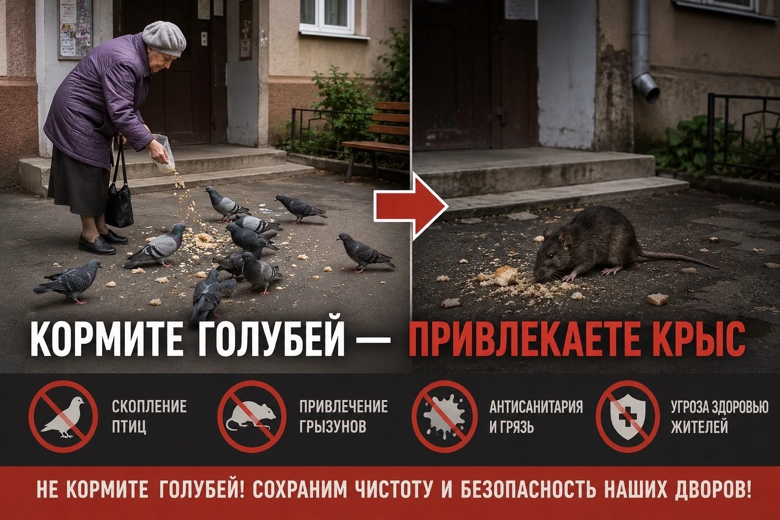 Уважаемые жители!

Просим вас не подкармливать голубей возле домов, на детских площадках, у парадных