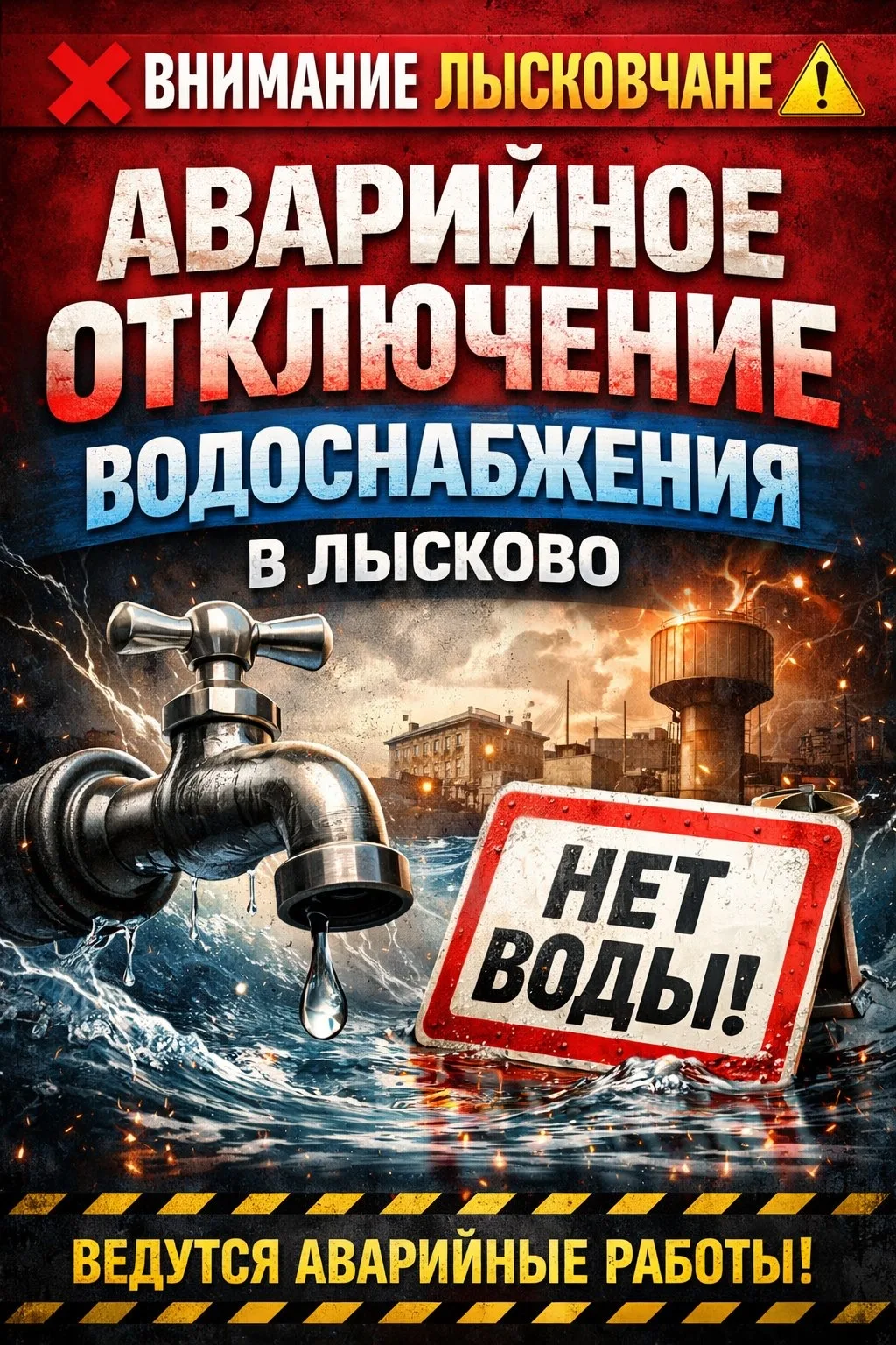 ❌ ВНИМАНИЕ ЛЫСКОВЧАНЕ ⚠️ АВАРИЙНОЕ ОТКЛЮЧЕНИЕ ВОДОСНАБЖЕНИЯ В ЛЫСКОВО
