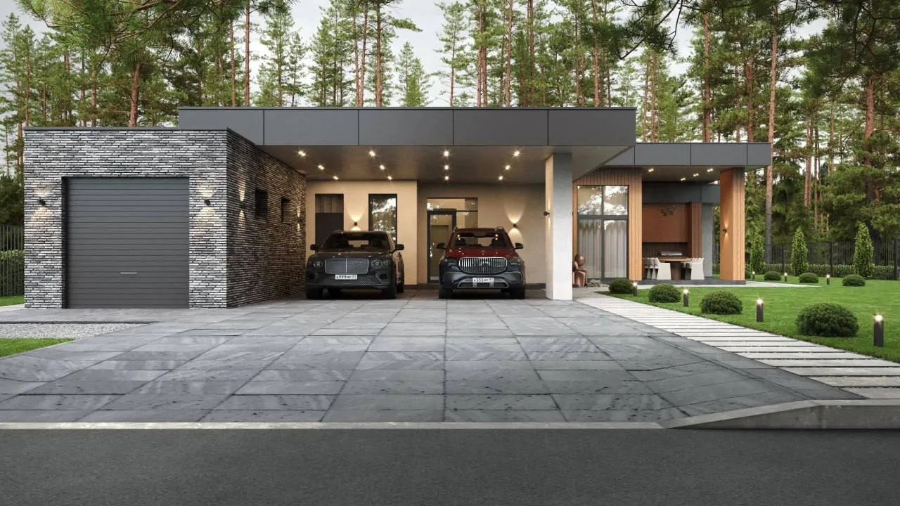 Одноэтажный дом с навесом для авто🏠