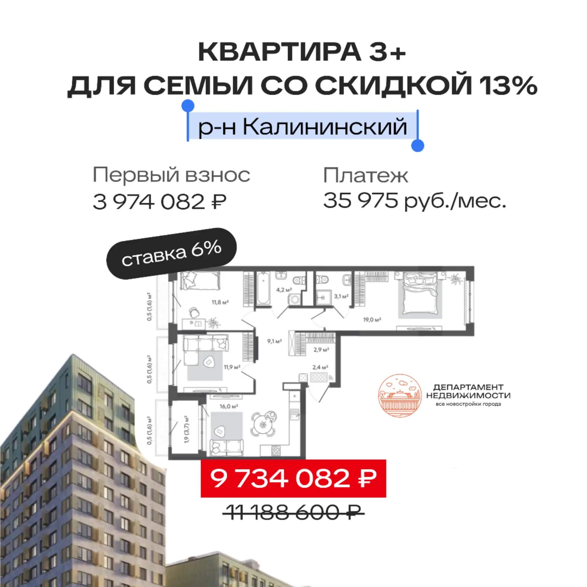 Квартира 3+ для семьи со скидкой 13% на правом берегу