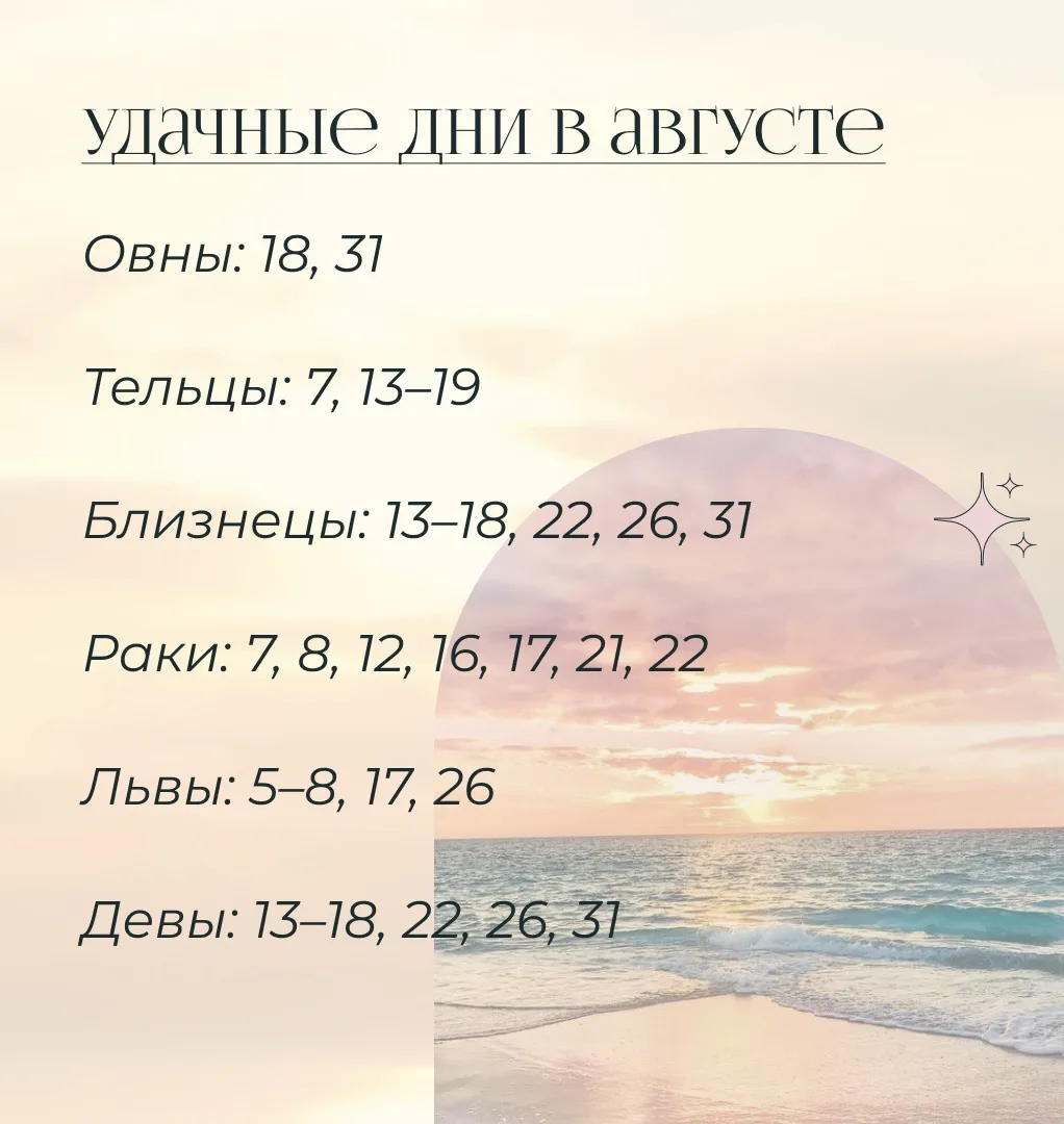 Удачные дни в августе дня каждого знака зодиака💫