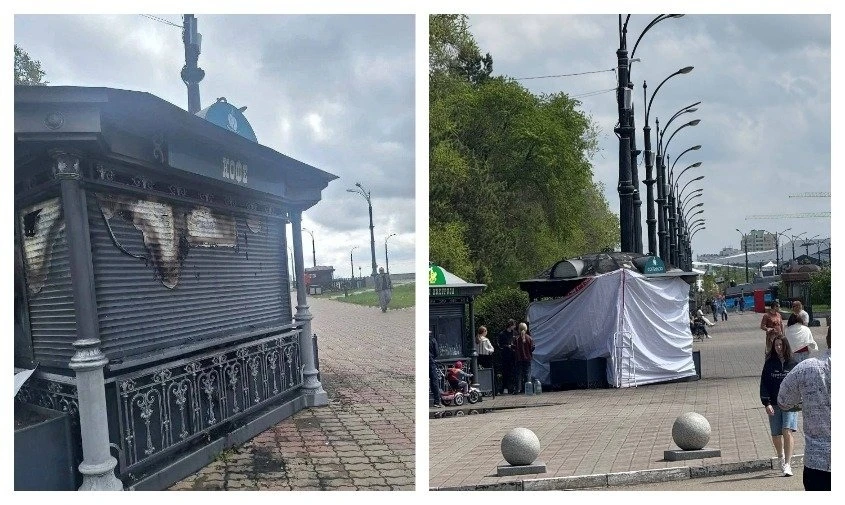 На набережной Благовещенска горел кофейный киоск  Благовещенцы сообщают в соцсетях, что на городской