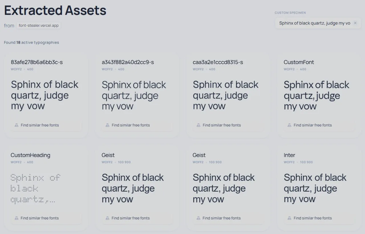 Инструмент для извлечения и анализа веб-шрифтов

Font Stealer — это бесплатный онлайн-инструмент, ко