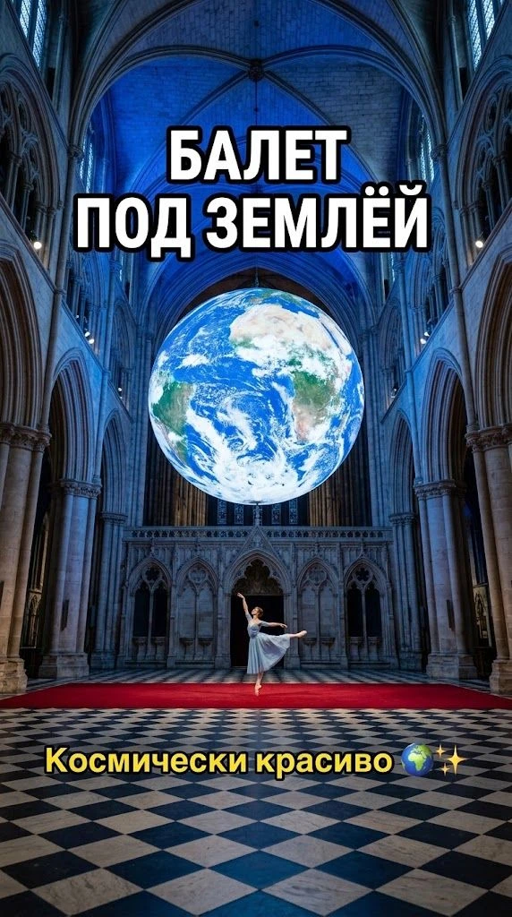 Балерина танцует под гигантской Землёй в соборе — это космически красиво 🌍✨