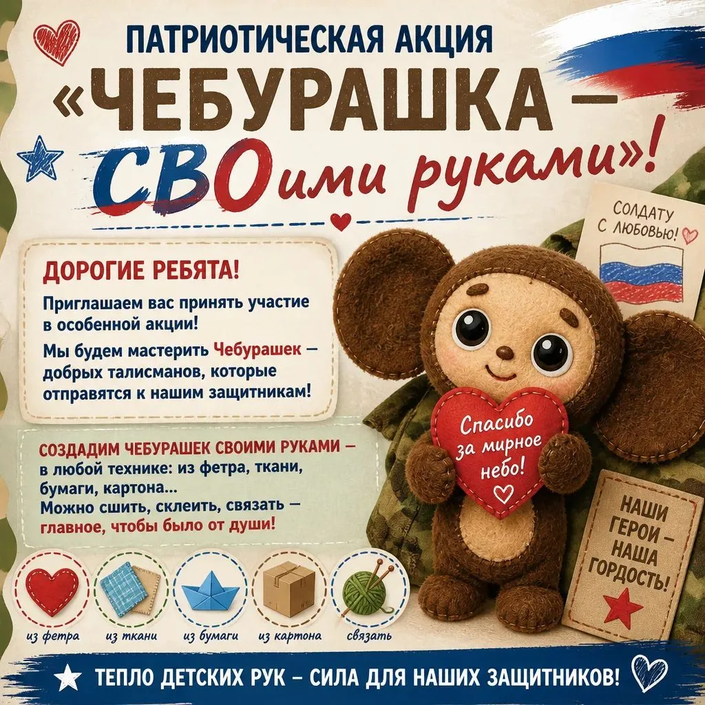 Приглашаем принять участие в патриотической акции по изготовлению талисмана Чебурашки н...