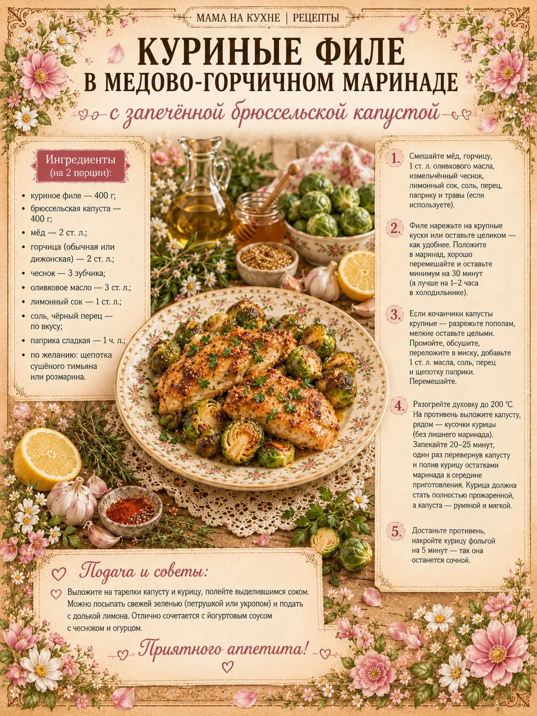 🌸 Куриные филе в медово-горчичном маринаде с запечённой брюссельской капустой 🌸