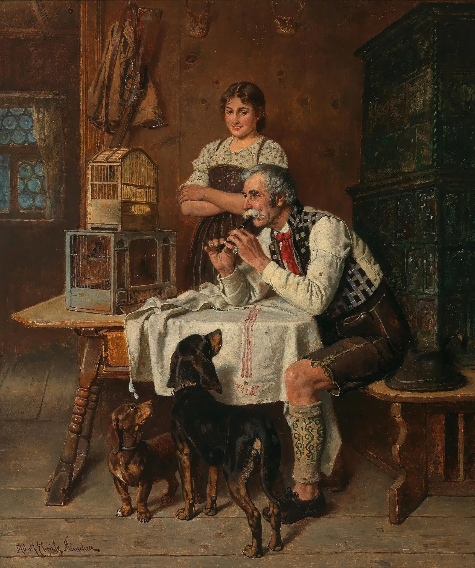 Домашний концерт. Adolf Eberle (1843-1914), немецкий художник. 
#гончая #такса