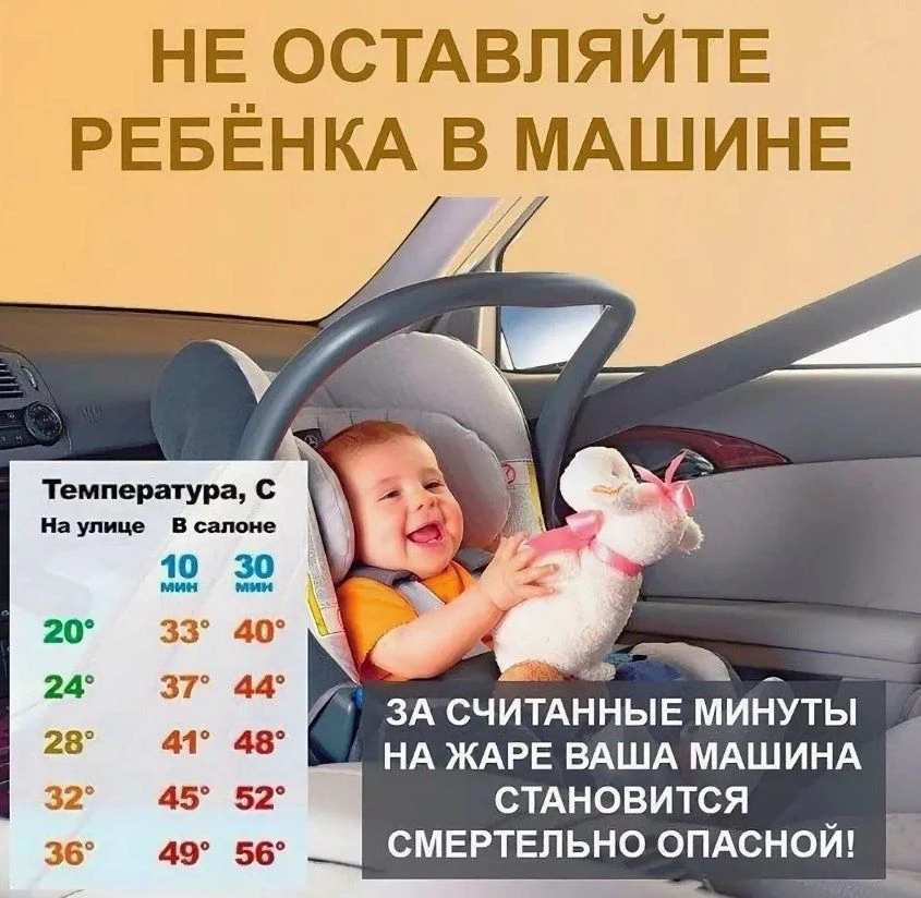 Никогда не оставляйте детей в машине во время жаркой погоды даже в тени!