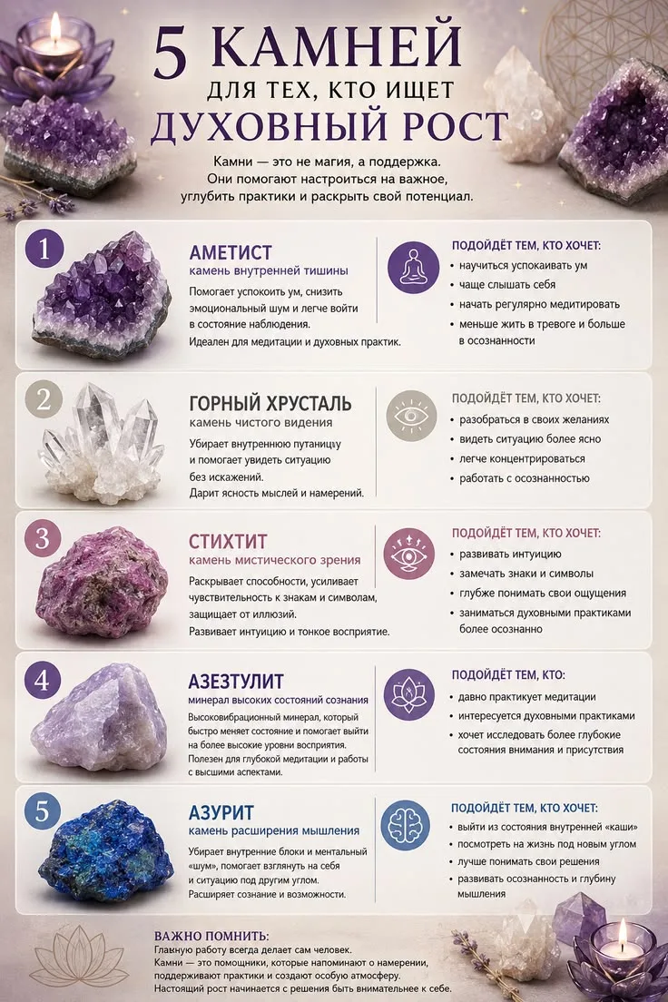 ✨ШПАРГАЛКА✨

💖5 камней для тех, кто ищет духовный рост.

1. Аметист
2. Горный хрусталь
3. Стихтих
4