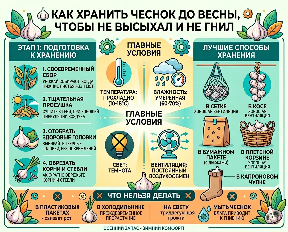🧄 КАК ХРАНИТЬ ЧЕСНОК ДО ВЕСНЫ, ЧТОБЫ НЕ ВЫСЫХАЛ И НЕ ГНИЛГлавная проблема при хранении чеснока — по