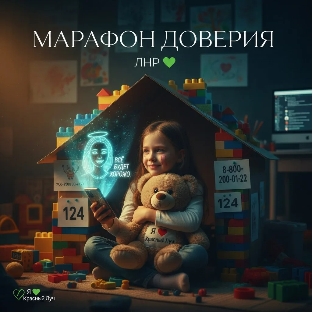 Девочка маленькая с медвежонком на котором написано -  Я ❤️ Красный Луч, держит телефон в руке и скв