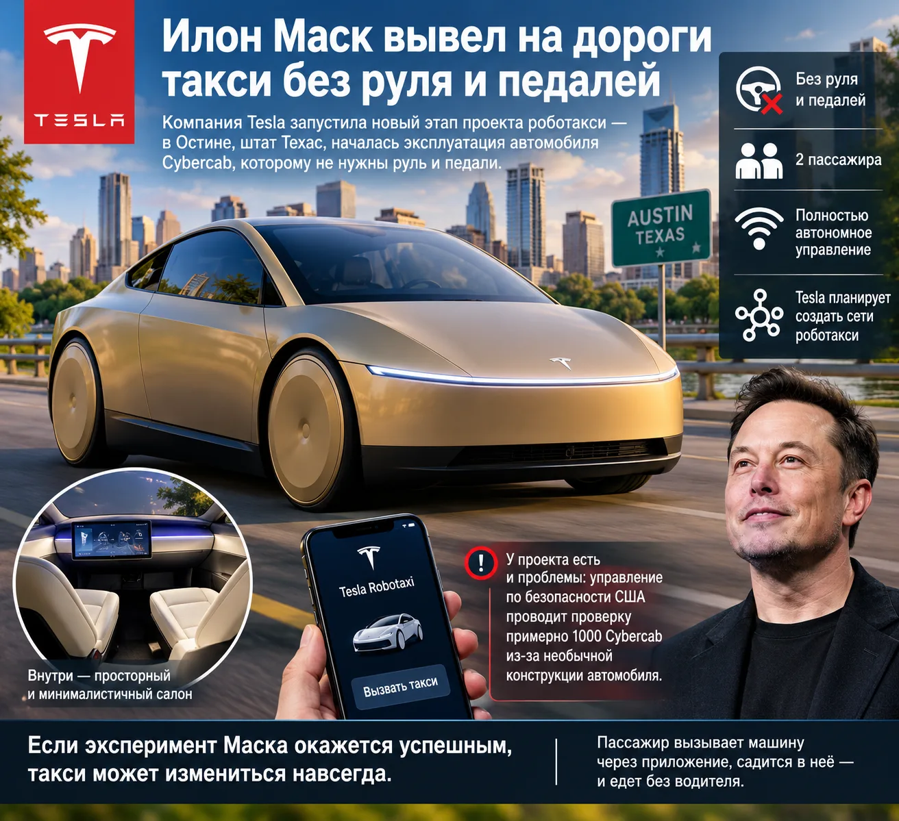 Илон Маск вывел на дороги такси без руля и педалей