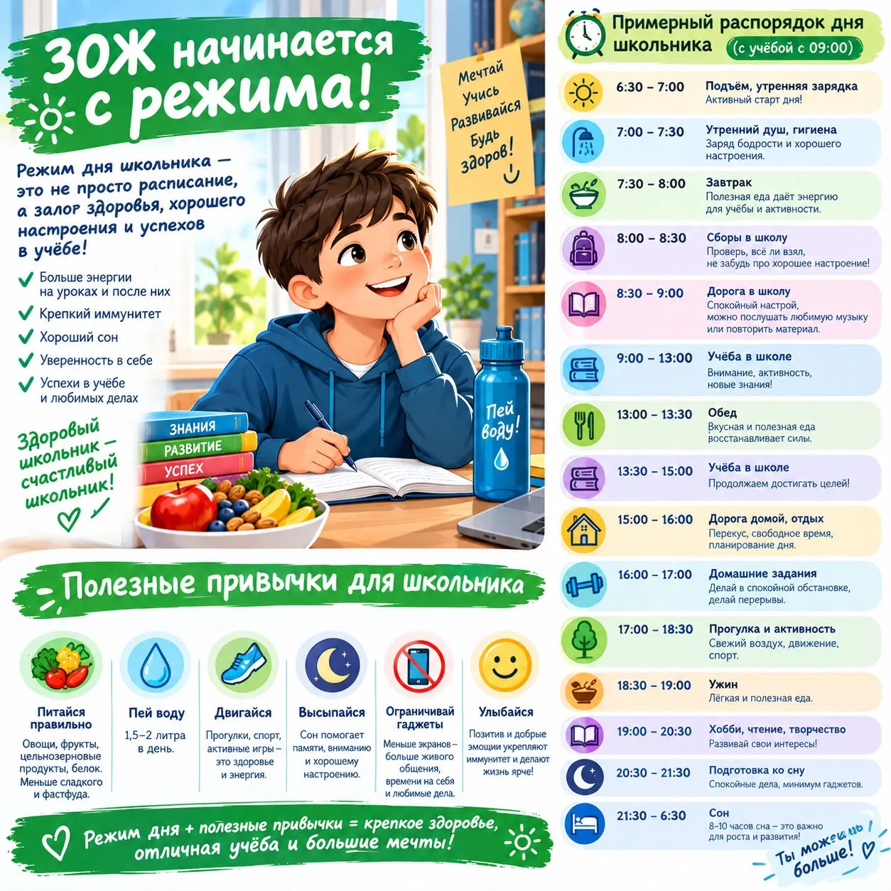 🌿 Режим дня школьника — основа здорового образа жизни!