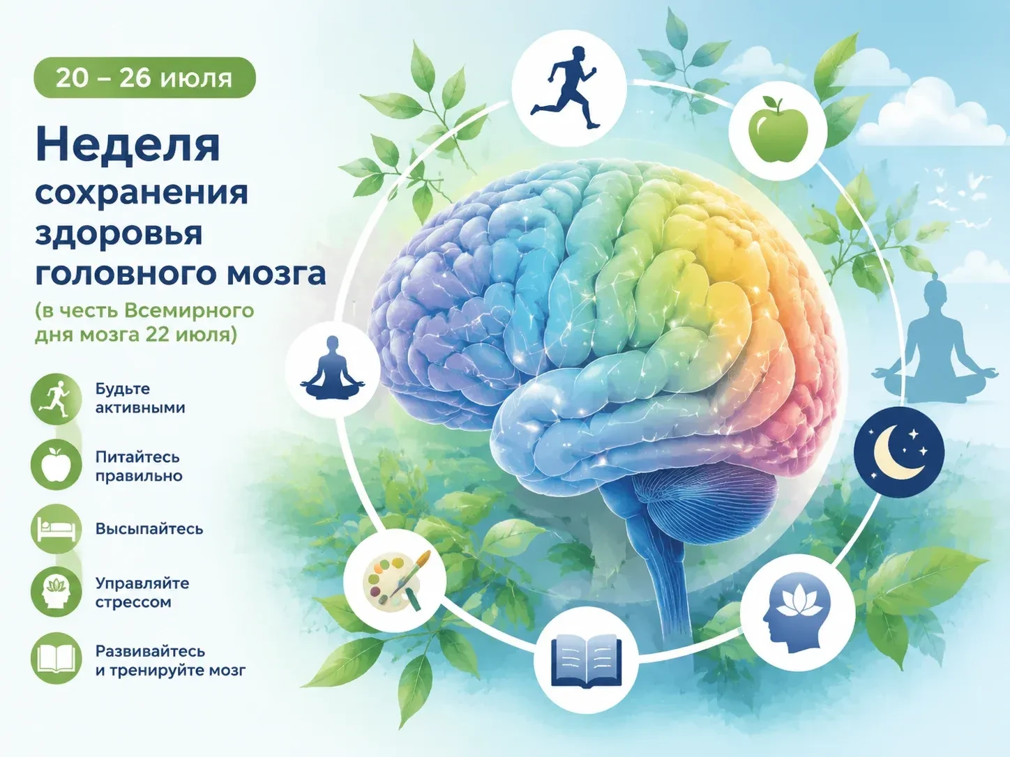 20 – 26 июля Неделя сохранения здоровья головного мозга (в честь Всемирного дня мозга 22 июля).
 
- 
